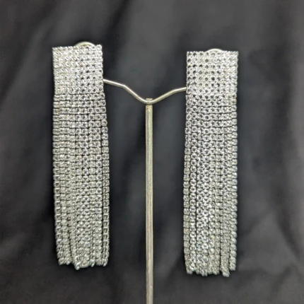 Pair of silver crystal fringe earrings with rectangular top and long tassel design