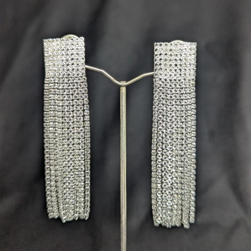 Silver Crystal Tassel Earrings for Women 2 Pair of silver crystal fringe earrings with rectangular top and long tassel design