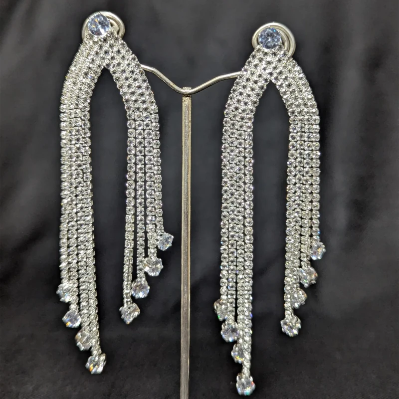 Silver Crystal Chandelier Tassel Earrings for Women 2 Pair of silver crystal open arch earrings with long tassel drops