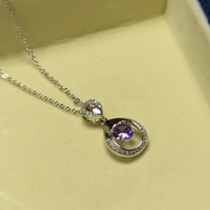 Silver purple stone teardrop pendant necklace with crystal style detail