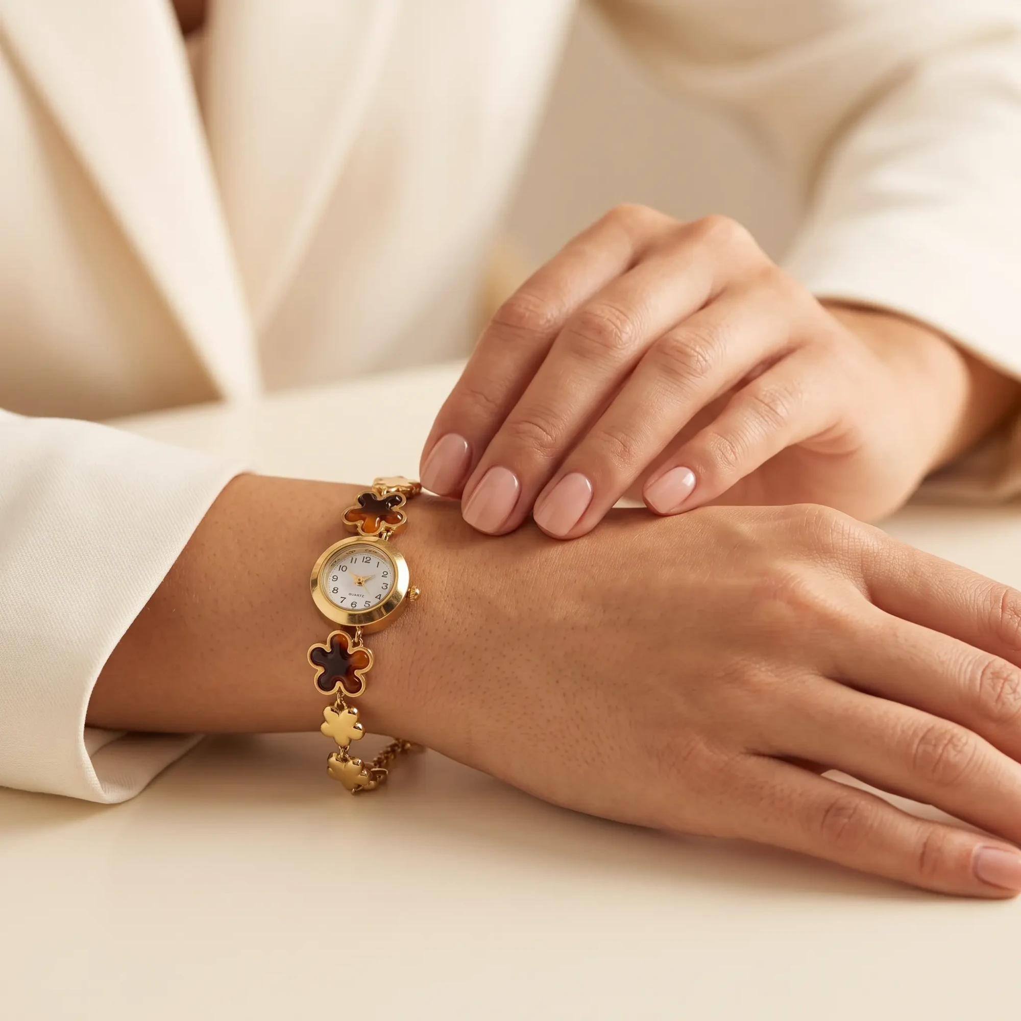 Gold-Tone Brown Floral Bracelet Watch for Women Woman wearing a gold-tone bracelet watch with brown floral charms