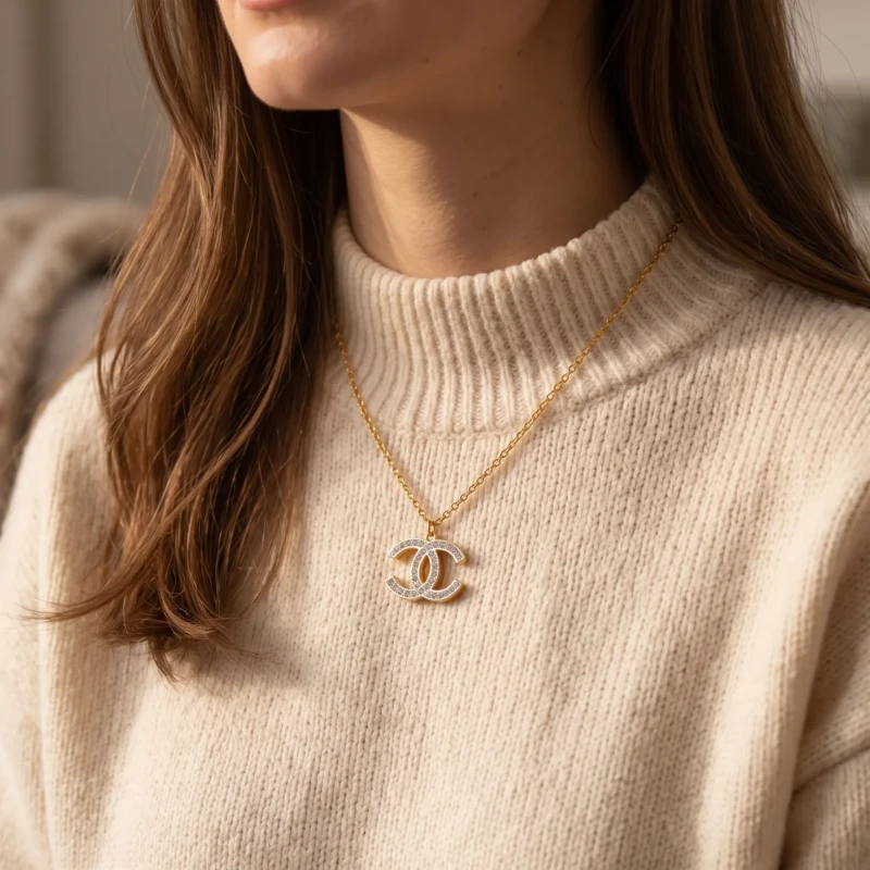 Gold-Tone Interlocking C Crystal Pendant Necklace for Women 1 Woman wearing a gold-tone interlocking pendant necklace with clear crystals