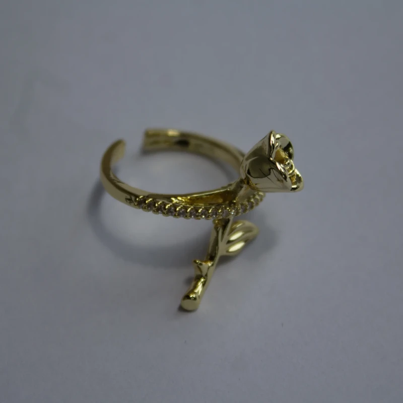 Gold-Tone Rose Flower Crystal Wrap Ring for Women 3 Angled view of gold-tone rose flower wrap ring with crystal details