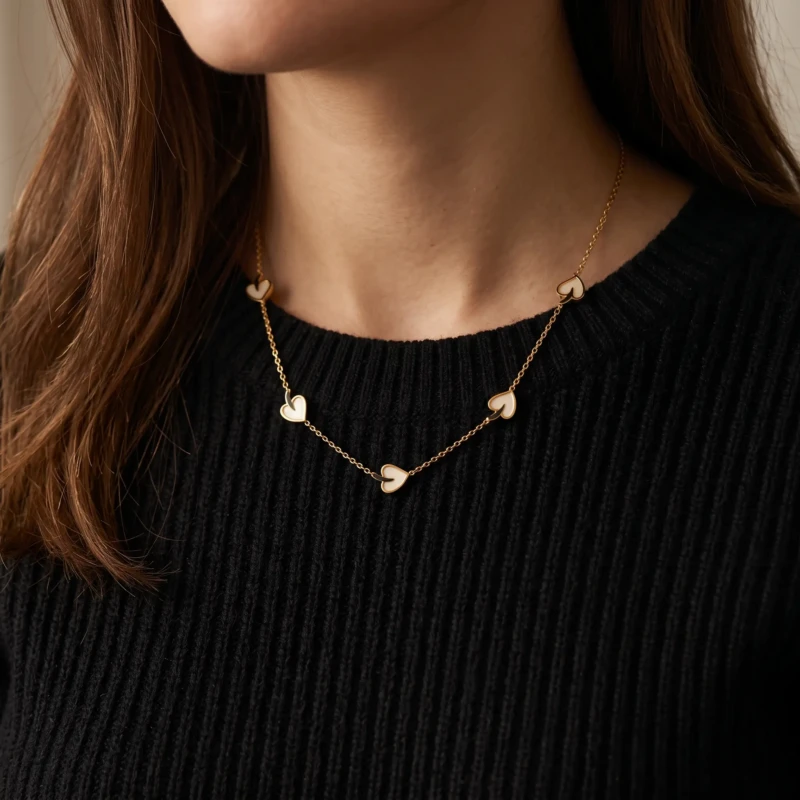 Gold-Tone White Heart Charm Necklace for Women 1 Woman wearing a gold-tone necklace with multiple white heart charms