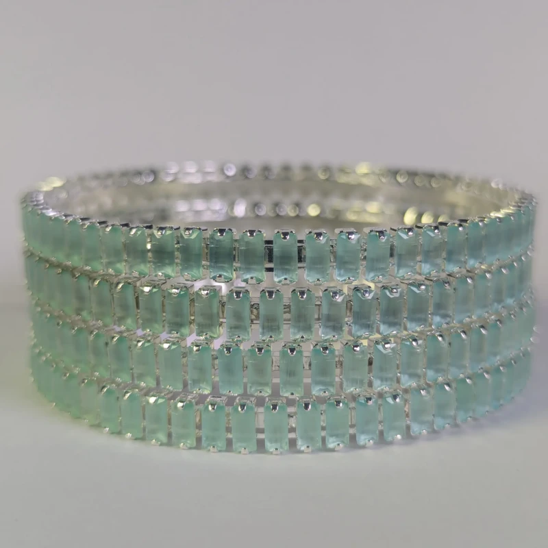Silver-Tone Mint Green Crystal Bangle Set for Women 4 Front view of silver-tone mint green crystal bangles for women