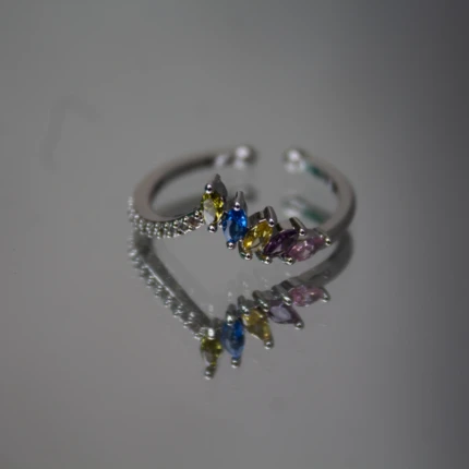 Close-up of silver-tone ring with blue, yellow, purple and pink crystals