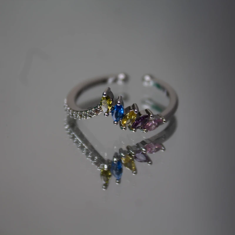 Silver-Tone Multicolor Crystal Leaf Ring for Women 2 Close-up of silver-tone ring with blue, yellow, purple and pink crystals