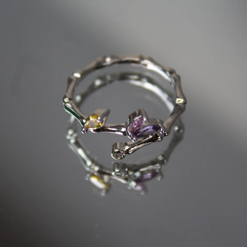 Silver-Tone Multicolor Crystal Leaf Wrap Ring for Women 3 Angled view of silver-tone wrap ring with purple and yellow leaf stones