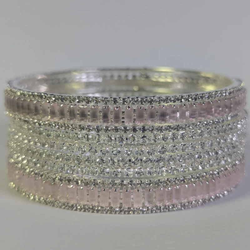 Silver-Tone Pink Crystal Bridal Bangle Set for Women 5 Front view of pink and clear crystal bridal bangle set for women