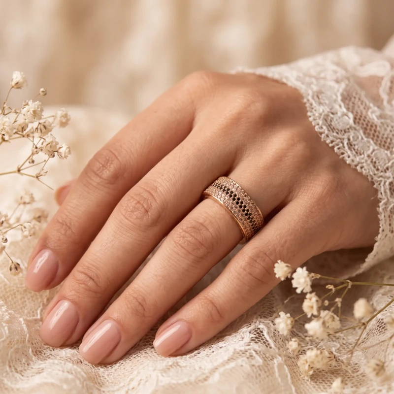 Rose Gold-Tone Black & Clear Crystal Wide Band Ring for Women 1 Woman wearing a rose gold-tone wide band ring with black and clear crystals