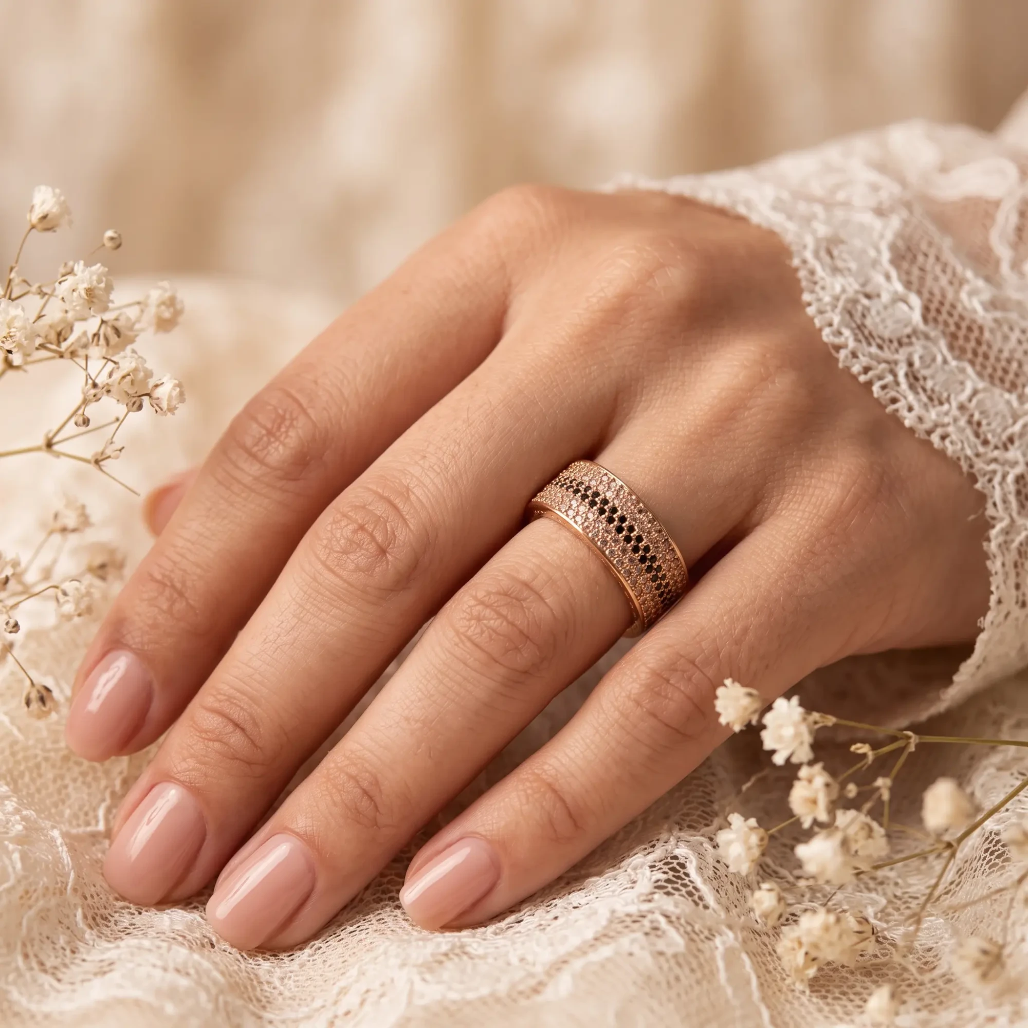 Rose Gold Black and Clear Crystal Wide Band Ring Woman wearing a rose gold-tone wide band ring with black and clear crystals