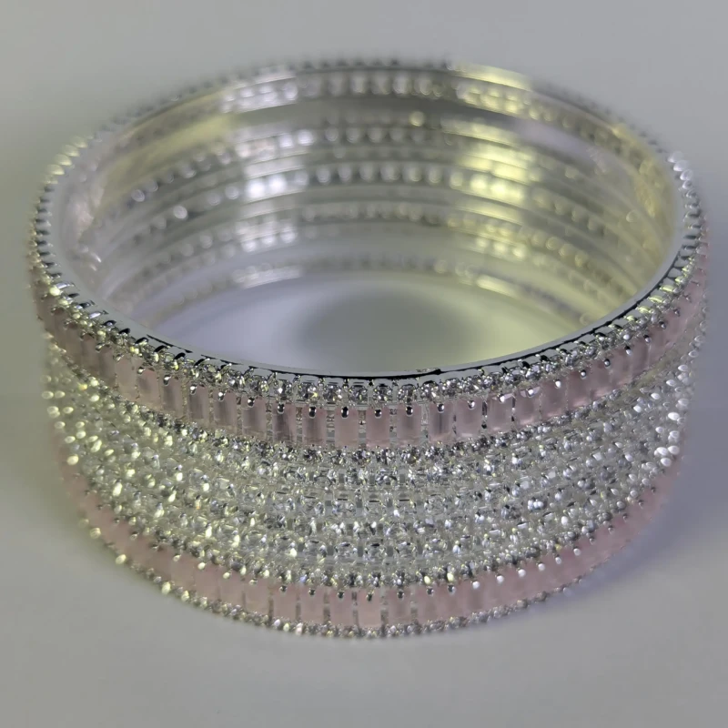 Silver-Tone Pink Crystal Bridal Bangle Set for Women 3 Close-up of silver-tone bangle with pink rectangular crystal stones