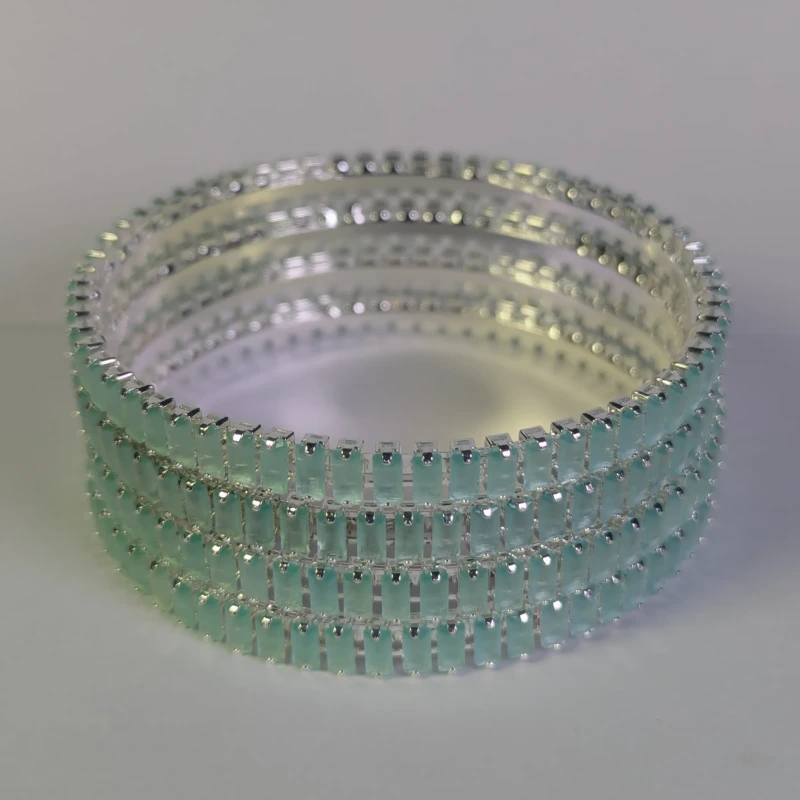 Silver-Tone Mint Green Crystal Bangle Set for Women 2 Angled view of mint green crystal bangle set for women