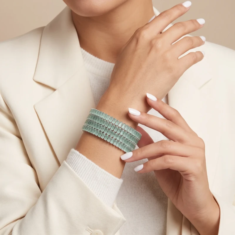 Silver-Tone Mint Green Crystal Bangle Set for Women 1 Woman wearing silver-tone bangles with mint green rectangular crystals