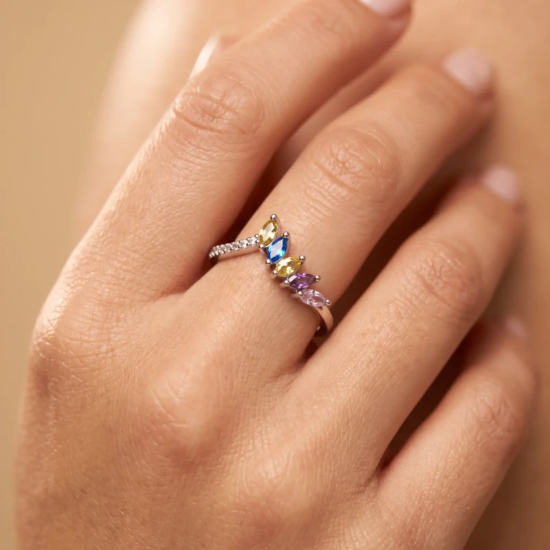 Silver-Tone Multicolor Crystal Leaf Ring for Women 1 Woman wearing a silver-tone multicolor crystal leaf ring