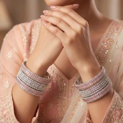 Woman wearing silver-tone bridal bangles with pink and clear crystals